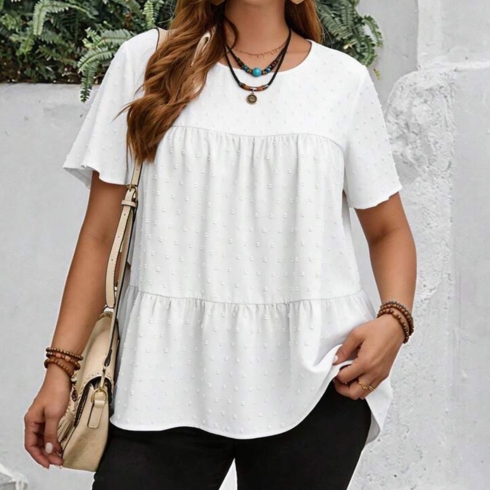 Arula White Crinkle Tiered Babydoll Top‎ Short Flutter Sleeve Plus Women Sz 1X
